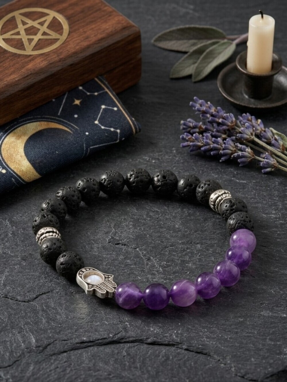 Amethyst Volcanic Lava Hamsa Charm Stretch Bracelet Boho Mystical Beaded